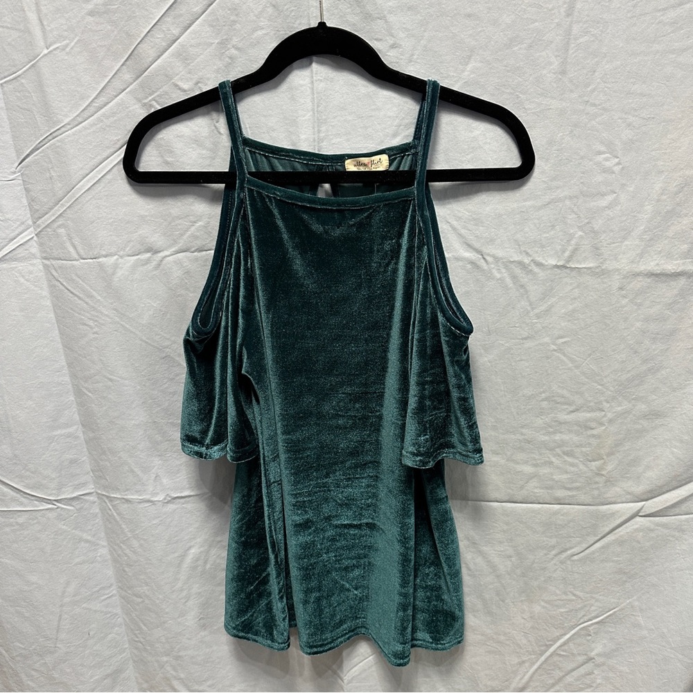 Ultra Flirt blue velvet cold shoulder top, size L, new with tags